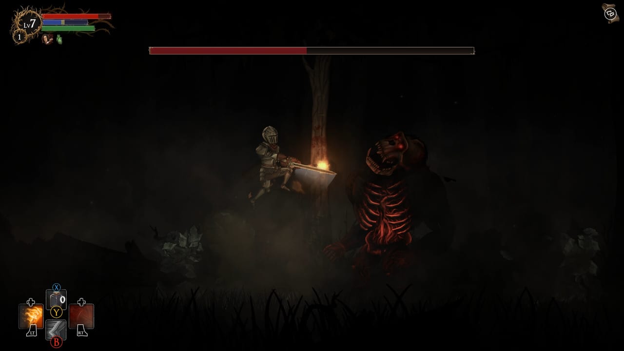 Rogue Blight combat screenshot: a blighted warrior swinging a one-handed weapon at a towering enemy in a dark forest.