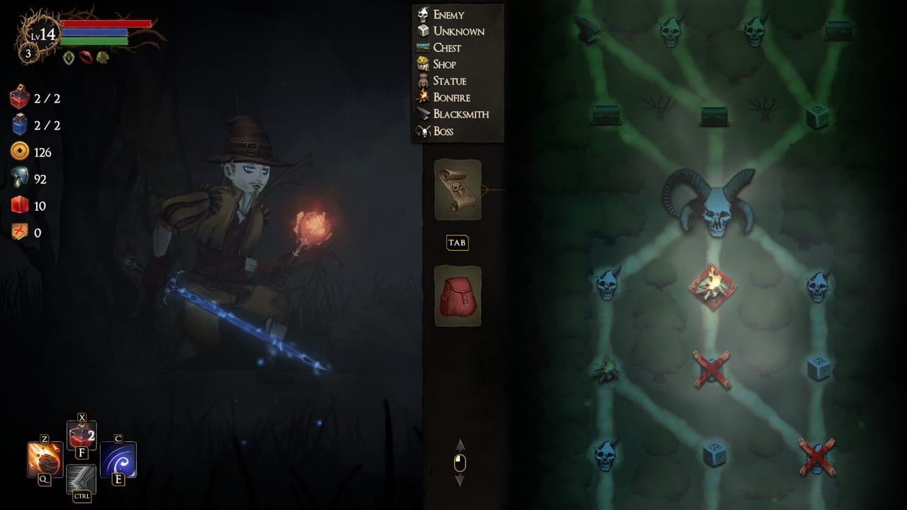 Rogue Blight split view: a wanderer with a glowing blade beside the branching map of enemy, chest, shop, and boss nodes.